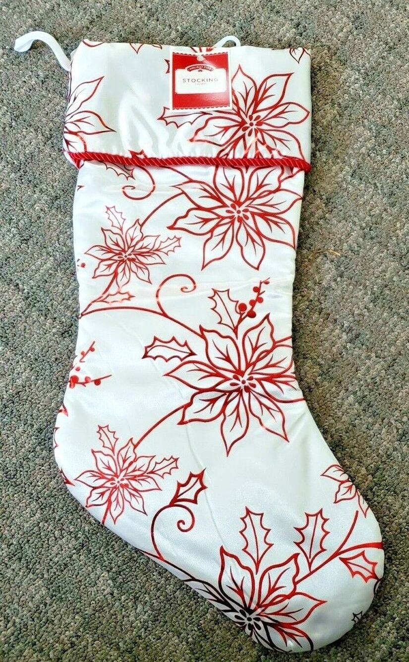 New 20" Holiday Time White Satin Foil Poinsettia Christmas Stocking w/Red Trim